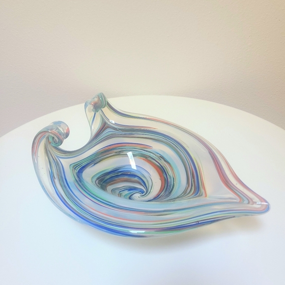 Vintage Italian Murano Multicolor Swirled Double Scroll Rainbow Glass Bowl